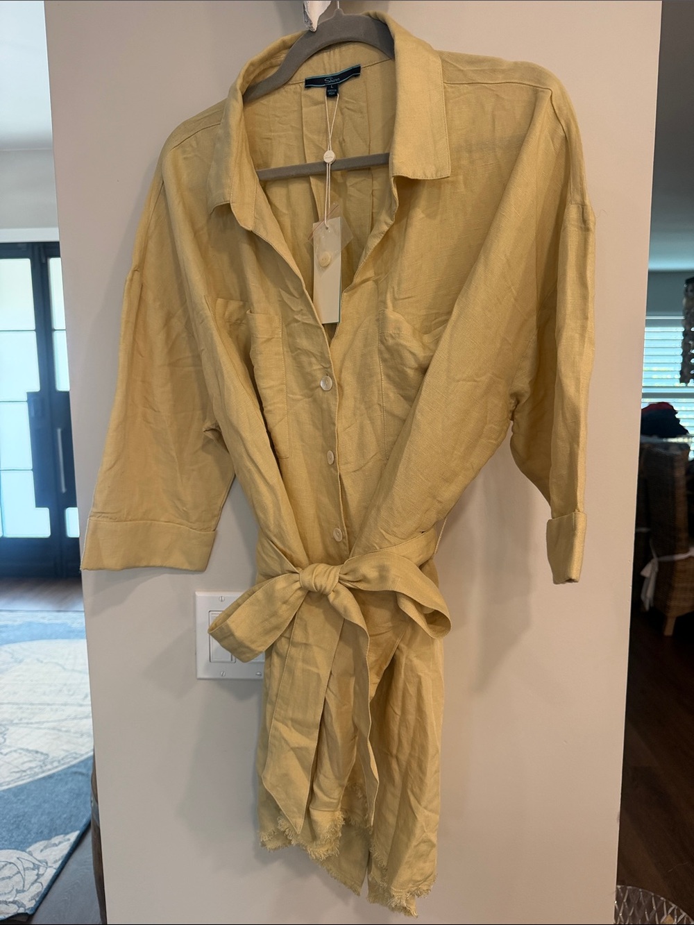 Shore brand Beige Button-Front Tie-Waist Shirt Dress size Large NWT